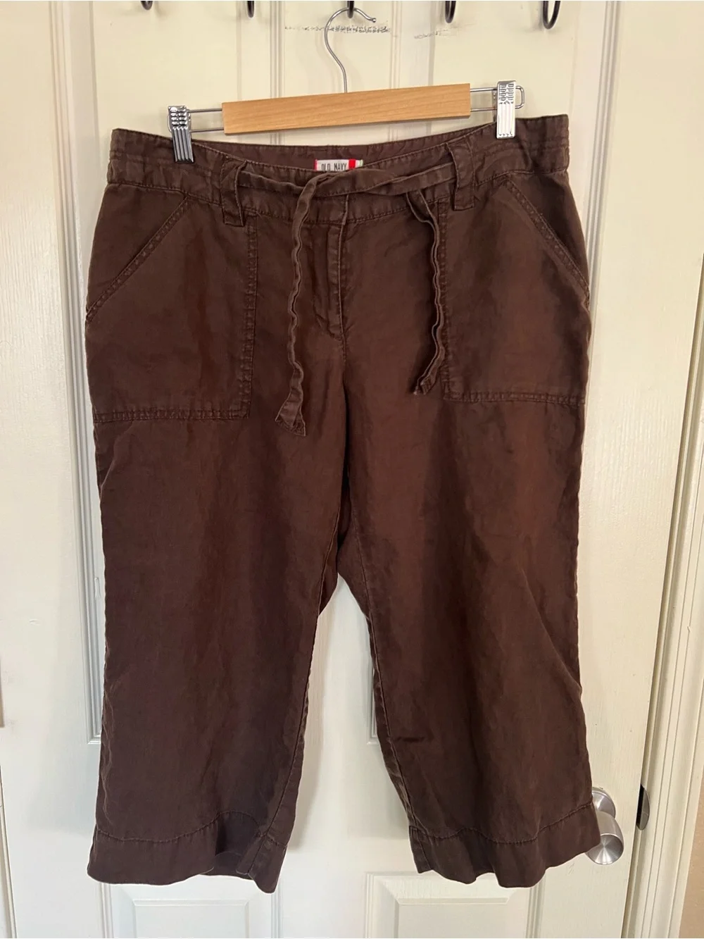 Old Navy 100% Linen Brown Utility Cargo Capri Pants Drawstring